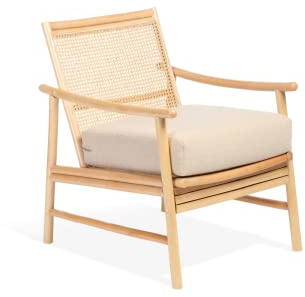 Desser Borneo Bedroom Chair – Fully Assembled Indoor Rattan Seat – Luxury Real Cane Wicker Chair with Thick Boucle Cream Cushion - Perfect for Bedroom Office or Reading