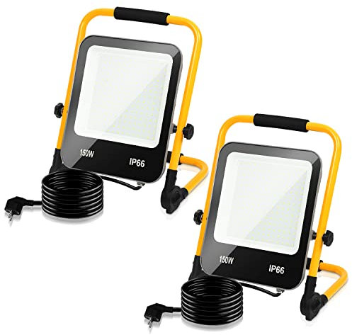 Lospitch LED Baustrahler 150W 13000LM, 2x Arbeitsleuchte LED 6000K Kaltweiß Strahler, LED Bauscheinwerfer mit Stecker, Baustellenlampe Arbeitsleuchter mit 3M Kabel und Stecker, IP66, Werkstatt Garage