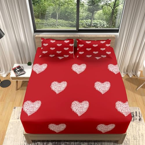 Spannbettlaken 160x200cm Rote Liebesgrafik Boxspringbett Topper 3D Drucken Spannbetttuch Kinder Jungen Mädchen Dekorative weiche Mikrofaser Bettlaken mit 2 Kissenbezügen