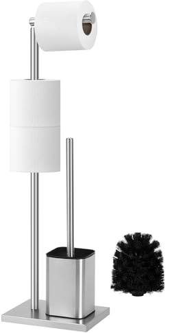 Topsky Free Standing Toilet Roll Holder with Toilet Brush - Stainless Steel Toilet Roll Stand - Toilet Brush and Holder for Bathroom (Silver)