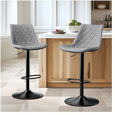 STOOLINK Barhocker 2er Set Höhenverstellbar mit Mikrofaser-Leder, Barstuhl mit Lehne, Tresenhocker Drehbar, Bistrohocker Designer, Barstühle für Küche, Theke, Bar-Grau