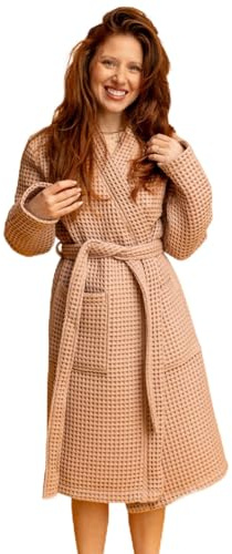 BLUMIS® Bademantel Damen – moderner Morgenmantel, Waffelpique Muster, OEKO-TEX Baumwolle, Sauna geeignet, Kimono Schnitt - Rosa