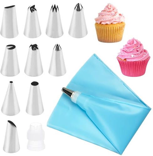 Spritzbeutel mit Tüllen 12 Stück, Spritzbeutel Wiederverwendbar aus Silikon mit Spritztüllen Edelstahl, Torten Zubehör für Cupcake, Torten Dekorieren, Kuchen