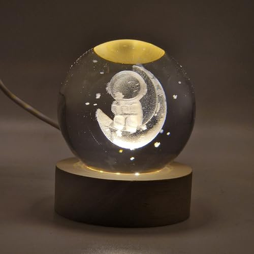 Lampada 3D LED Astronauta sulla Luna – Sfera in Cristallo 3D con Base in Legno Luminosa, Luce Notturna Decorativa per Cameretta e Regalo Originale