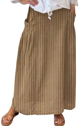 Falda larga de lino con cintura elástica y bolsillo para mujer, café, XL