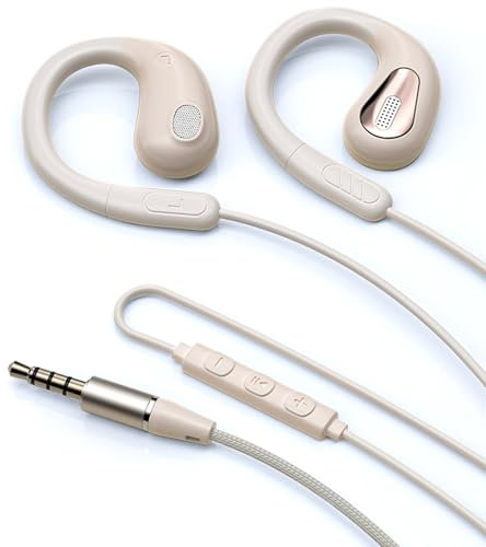 fesoklaf Auriculares de oreja abierta con cable de 3,5 mm con ganchos para las orejas, auriculares para correr con micrófono y control en línea, conducción de aire, auriculares estéreo con cable para