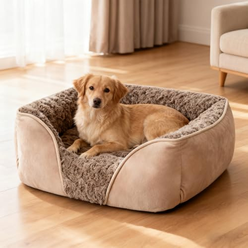 PETCUTE Lit Orthopédique pour Chiens de Taille Moyenne, Lavable Canapés pour Chien,Lit pour Animaux Domestique avec Fond Antidérapant,Coussin Anti-anxiété pour Petit Moyen Chiens et Chats,Camel,L