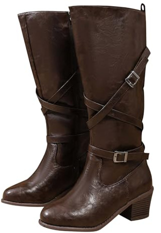 Botines para mujer con tacón elegante de cuero de ante botas cómodas botas occidentales puntiagudas vintage medias botas de vaquero hasta la rodilla botas de fiesta alto para otoño invierno, marrón