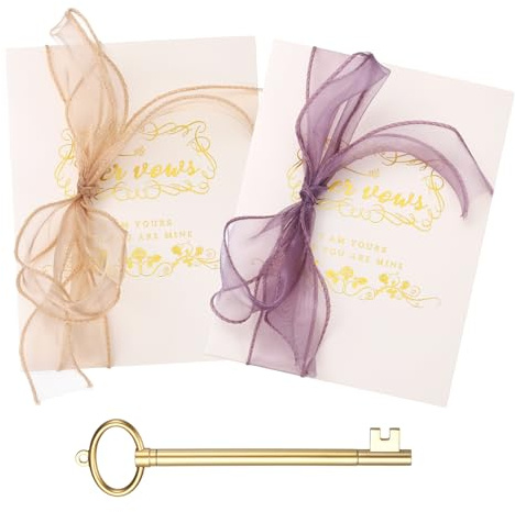 YOKIVE Wedding Day Vow Card Set, (7.87 x 5.51-Inch, Purple/Gold), Vow Card with Key Shape Pen for Her & Him Ribbon Version C, Gold Foil, Great Gift for Bride Groom Bridal Wedding