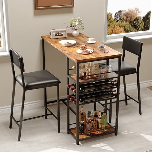 Dining Table Set for 2 with Upholstered Chairs, 3 Piece Breakfast Bar Table Set with Open Storage Shelves, Built-in Cup Holder & Wine Rack, Modern Industrial Design for Kitchens, Apartments, Brown
