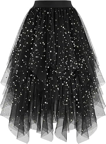 BEWECASU Women Tulle Skirts High Low Layered Puffy Fairy Skirts Midi Length Irregular Layered Mesh Tutu Skirts(Black Sequin,M)