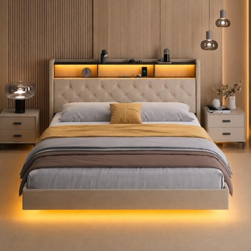 Xbro Lit 160x200 cm avec Sommier, Lit Double Multiprise et Éclairage LED, avec Tête De Lit Rembourrée Et Rangement, Design Flottant Moderne, sans Matelas, Beige