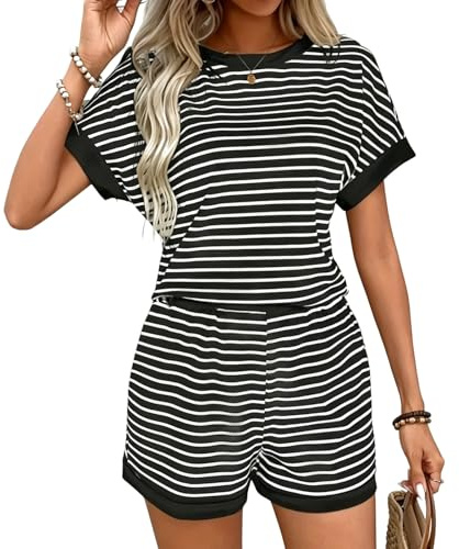 ADUDVLO Women Striped Pyjama Sets Summer Two Piece Loungewear Sets Short Sleeve Pjs Top and Shorts Co ord Outfits Soft Casual Ladies Nightwear