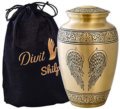 Divit Shilp Urne funéraire pour cendres humaines avec sac en velours pour adultes jusqu'à 100 kg (ailes d'ange dorées, adulte)