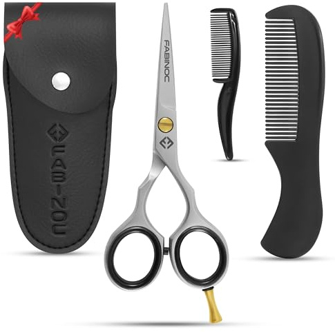 FABINOC® 5 Beard and Moustache Scissors with Comb & Pouch – Eyebrow, Ear & Nose Small Hair Scissors - German Quality Stainless Steel Mustashe Grooming Kit (Silver)