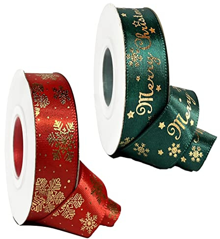 2 Rolls 20 Yards Christmas Ribbon, Xmas Satin Ribbon for Gift Wrapping, 20mm Width Green/Red Decorative Wrapping Ribbon for Crafts, Christmas, Wedding, Sewing, DIY (10 Yards/Rolls)