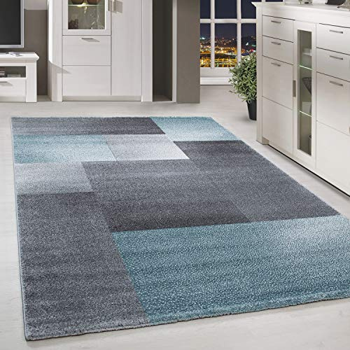 HomebyHome Teppich Wohnzimmer 140x200 cm Grau und Blau Kariert Design - Schlafzimmer Teppich Kurzflor Extra Weich Pflegeleicht Teppiche Waschbar für Küche Esszimmer - Carpet Living Room