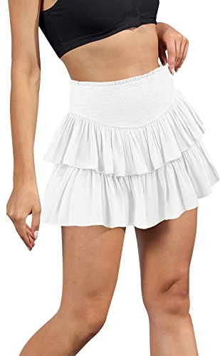 Odizli RARA Skirt Women 80s High Waist Y2K Boho A Line Ruffle Layered Pleated Mini Tutu Teenage Girls Ladies Elasticated Waist Skater Summer Beach School Kawaii Short Skirts White M