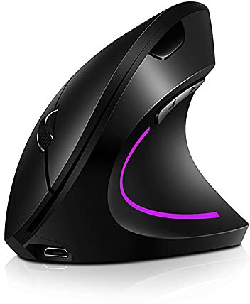 Docooler Ratón Vertical inalámbrico de 2.4G Ratón ergonómico Vertical Recargable 3 Niveles de dpi Ajustables Luz de Flujo RGB Plug N Play, Negro