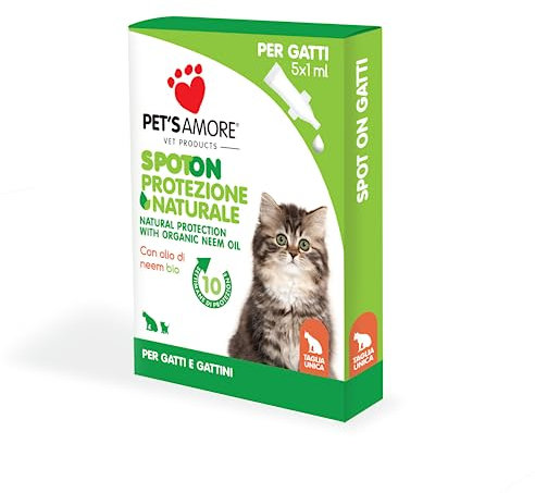 Pet's Amore - Protezione Naturale Spot On Pipette con Olio di Neem Biologico per Gatti, 5 Pipette per 10 Settimane di Protezione