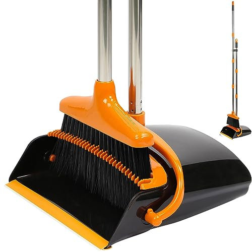 Taylor & Brown Long Handled Dustpan and Brush, Broom and Dustpan Set, Household Dust pan Combo with 130cm Handle for Indoor Outdoor Household Cleaning and Sweeping (Black/Orange)