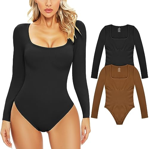 Xnova Body Donna Bodysuit a Costine Elasticizzate Body Donna Elegante con Collo a U Manica Lunga Casuale Shapewear Tops Tinta Unita Vita Quotidiana, 2PC Nero + Curry, M