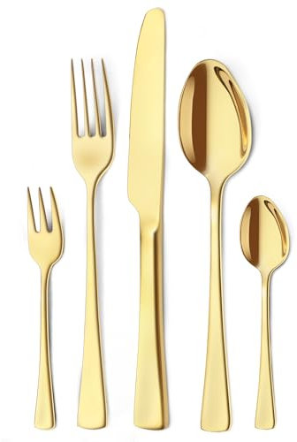 Targzier Goldenes Besteck Set 6 Personen, 30 teilig Besteck Set Gold aus Edelstahl, Glänzendes Goldenes Besteckset mit Messern, Gabeln und Löffeln, hochglanzpoliert und spülmaschinenfest