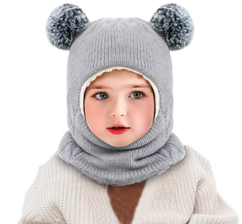 UQTUKO Kinder Wintermütze, Baby Wintermütze Mädchen Jungen Strickmütze mit Bommel Samtfutter Schlupfmütze Baby Beanie Hüte Balaclava Thermische Kapuzenschal für Babys Kinder, Grau