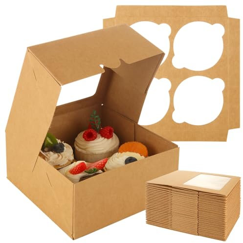 ABuff 40 Pack Cupcake Boxes Hold 4 Standard Cupcakes, 6 x 6 in Brown Cupcake Containers with Window and Inserts, Food Grade Cupcake Holders Bakery Carrier Boxes for Muffins and Pastries, Auto pop up