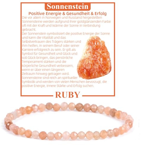 RUBY Pulseras Mujer de Piedras Naturales Pulseras de Piedras de Cuentas Facetadas- 4mm Pulsera Piedra Naturale Piedra Solar Pulsera Elástica de Bolas Para Mujer-Caja de Joyería Incluida