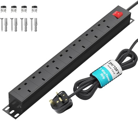 7-Way Rack Mount PDU Extension Lead with Switch, Surge Protected, 3 m Cable