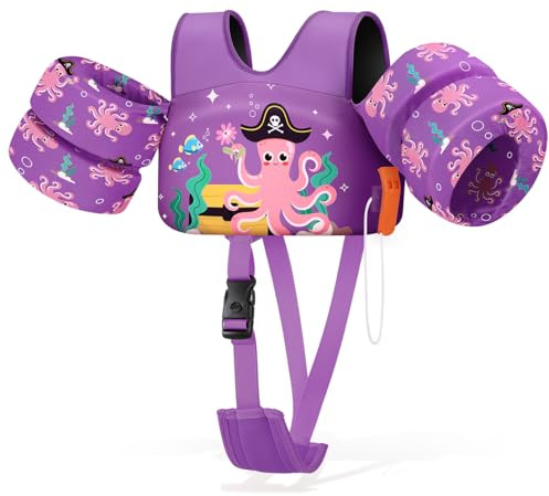 HeySplash Gilet da Nuoto per Bambini, Braccioli Galleggianti da Bambini con Cinghia Regolabile per Piccoli da 6-15kg, Giubbotto Galleggiante Bracciali Nuoto con Fischio, Polpo Pirata Viola