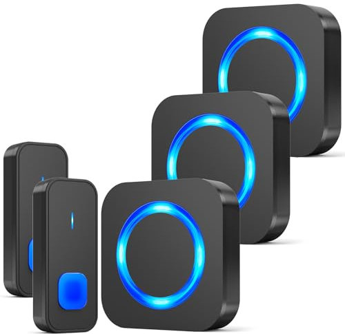 SURFOU Campanello Senza Fili da Esterno Impermeabile con 3 Ricevitori 2 Pulsanti, Campanello Portata Wireless a Lunga Distanza di 400m Casa, Indicatore LED Pulsanti con 5 Volumi, 55 Suonerie, Nero