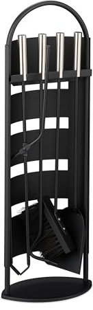 Relaxdays Accesorios Chimenea, 5 Piezas, Atizador, Escoba, Pala, Pinzas y Soporte, Set de Hierro Estufa, Negro/Plateado, 66 x 23 x 15 cm