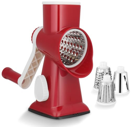 Dreamhigh® Taglia Verdure Manuale, Mandolina per Verdure con 3 Acciaio Inox Pale Tamburo, Forte Aspirazione, Grattugia Verdure, per Cucina Verdure, Patate, Carote, insalate, Tritatutto(Rosso)