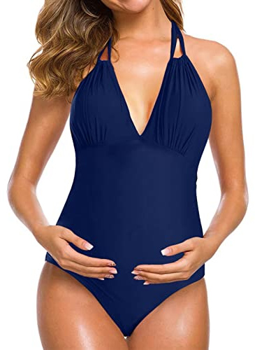 Chnnamzu Maillots Une Pièce Maternité,Maillot De Bain Femme Enceinte 1 Pieces Col en V Maillot De Bain Enceintes Bretelles Réglables Bikini avec Coussin De Poitrine Froncé Vetement De Plage