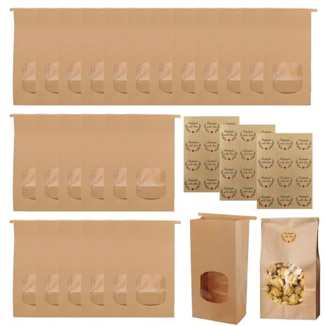 25 bolsas de papel de estraza marrón con ventana, incluye 36 pegatinas hechas a mano, 17 x 9 x 6 cm, clips de cierre de papel, bolsas para hornear, pequeñas bolsas de pan para pasteles y dulces