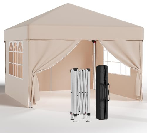 JUMMICO Pavillon 3x3 Wasserdicht Stabil Winterfest Höhe Verstellbar,Faltpavillon mit 4 Seitenwänden,Pavillion UV Schutz 50+,Gartenpavillon Faltzelt für Garten, Innenhof, Camping,Gazebo Beige