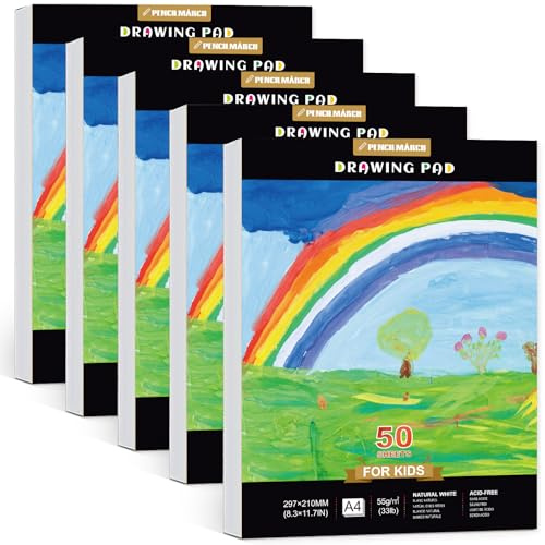 PENCILMARCH A4 Drawing Pad for Kids – 5 Pack (250 Sheets in Total), Sketch Pad for Kids, Drawing Paper for Kids, Perfect Colouring Book for Kids, Teen Arts and Craft Activities