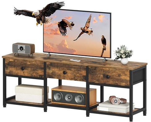 YATINEY TV Stand with 3 Drawers for up to 50 TV, 120 cm Industrial Media Console, Entertainment Center with Shelves for Living Room, Bedroom, Home Office, Rustic Brown and Black XDS12BR