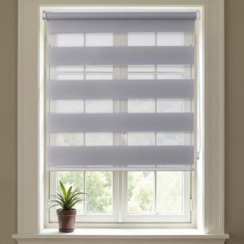 Day and Night Blinds No Drill Zebra Blinds for Windows Stick on No Drilling Easy Fit Roller Blind for Bedroom Kitchen Bathroom Door Window (1, Grey, 55W x 160H cm)