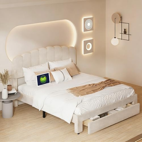 YGHQAP Lit double rembourré, 140 x 200 cm, avec tête de lit réglable, avec ports USB et Type-C et tiroirs, cadre de lit moderne, pour adolescent, avec sommier à lattes, en velours pelucheux