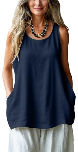 Longline Tank Tops for Women UK, Summer Cotton Linen Vest Sleeveless T Shirts Round Neck Oversized Tees Solid Color Elegant Tshirt Ladies Blouses Loose Fit Tanks