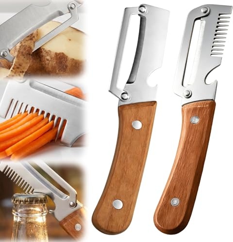 Lot de 2 éplucheurs Multifonctionnels, éplucheur Avec Manche en Bois, Éplucheur Multifonction 3 en 1 Légumes et Fruits, Acier Inoxydable Résistants, Ouvre-Bouteilles et Coupe Ciboulette