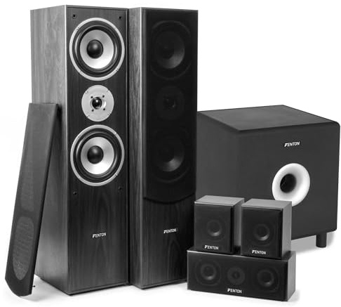 Fenton Sistema Cine en casa 5.1 con subwoofer Activo 200W, 5 Altavoces pasivos, diseño Madera, Sonido Envolvente, Soportes incluidos, Ideal para películas, Series y Juegos
