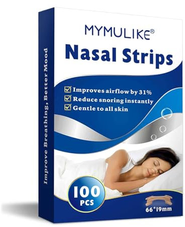 MYMULIKE Nasenpflaster Schnarchen 100 Stück, Nose Strips Nasal Strips, Anti-Schnarchen Nasenstrips, Nosestrips für Sport und SchlafGegen, Verbesserung der Atmung (L,66 * 19mm)