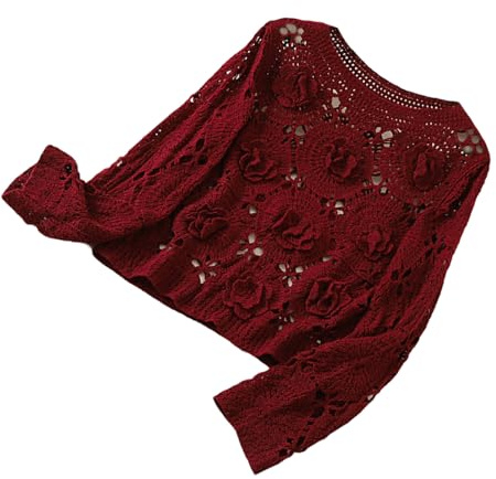 Watreketal Maglione Donna,Maglione Lavorato all'Uncinetto Traforato in Maglia Corta per Donna in Morbido Cotone Elegante Pullover a Maniche Lunghe con Fiori 3D