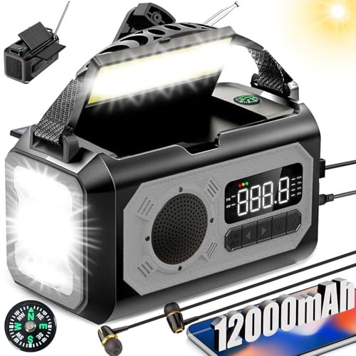 12000mAh AM/FM Radio Solaire avec Manivelle, 2 Panneaux Solaires, Câble USB,3 Méthodes de Chargement,Alarme SOS,Lampe de Poche,Chargeur de Téléphone, Boussole,Prise pour Casque D'écoute