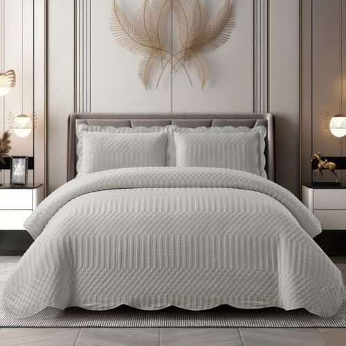 XIUWOUG Couvre Lit 2 Personnes 240 x 260 cm Couvre Lit Matelassé Couverture Patchwork Courtepointe,Dessus de lit Luxe Parure de Lit avec 2 Taies d'Oreillers,Gris,230X250CM