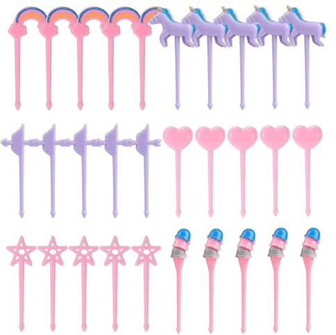OAOSDH 30 Pezzi di Forchetta di Frutta in Plastica, Cartone Animato Cartone, Cartochiugamani Riutilizzabili, Accessori per Decorazioni per Dessert da Dessert per Bambini.